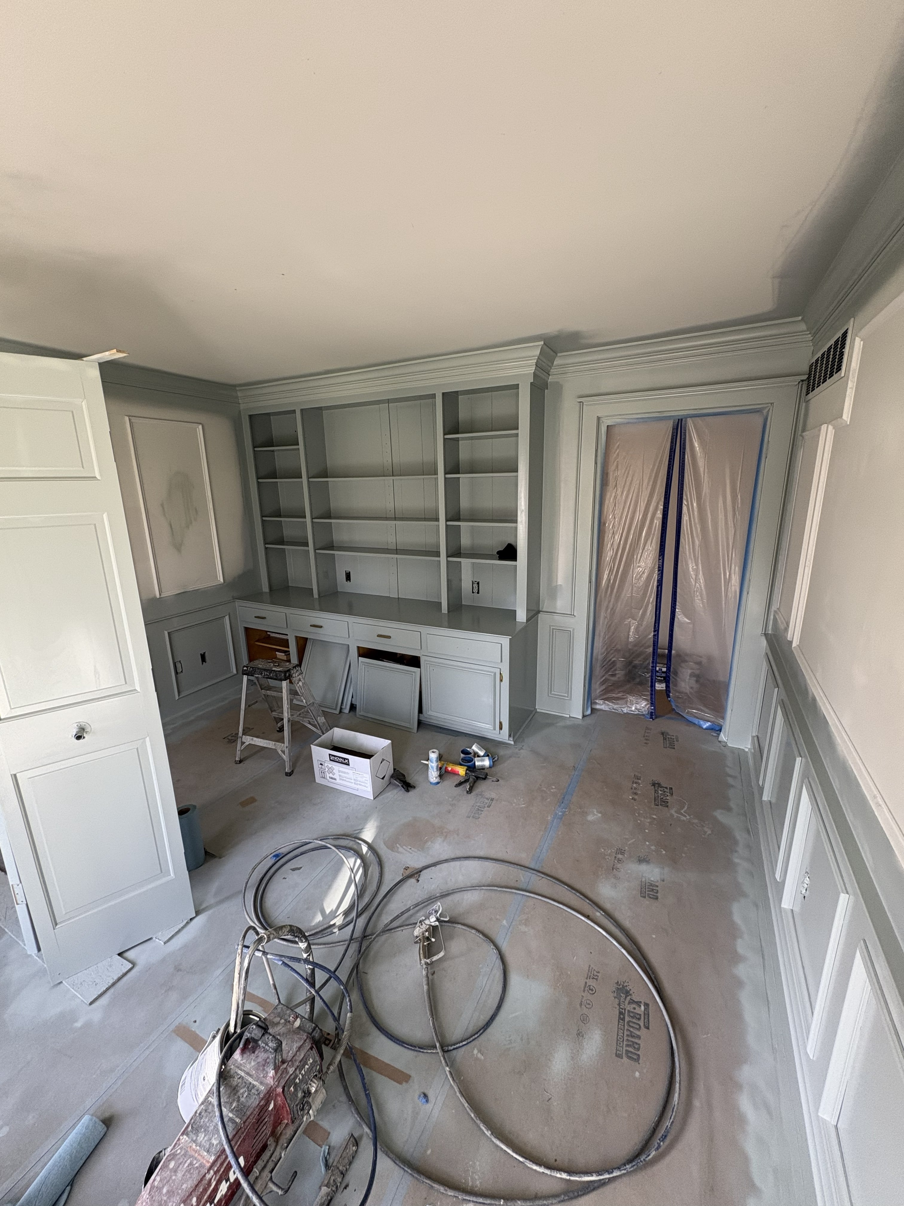 Home Office & Built-In Renovation : Custom Gray-Blue Cabinetry